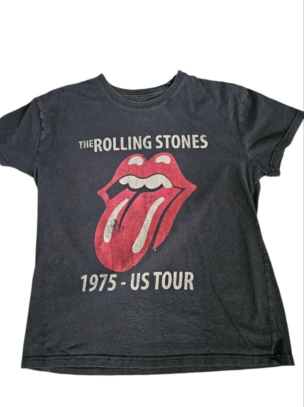 The Rolling Stones Black Women's Tee with Logo, 1975 US Tour Graphic, Large